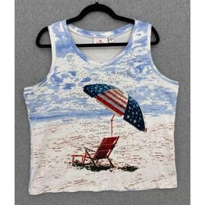 Quacker Factory Tank Top XL American Flag Beach Graphic rhinestones